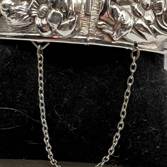 Repousse Silver Tone Floral Bracelet with security chain - Picture 3 of 5